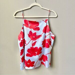 Ann Taylor Floral Blouse Women’s Size LP Sky Blue Red Square Neck Office Top